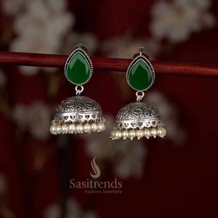 Oxidised Monalisa teardrop jhumka earrings with engraved dome – Sasitrends