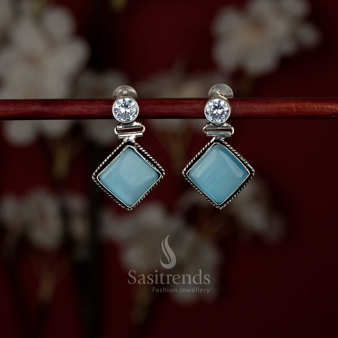 Oxidised Monalisa stone eye rhombus drop earrings for office and casual wear – Sasitrends