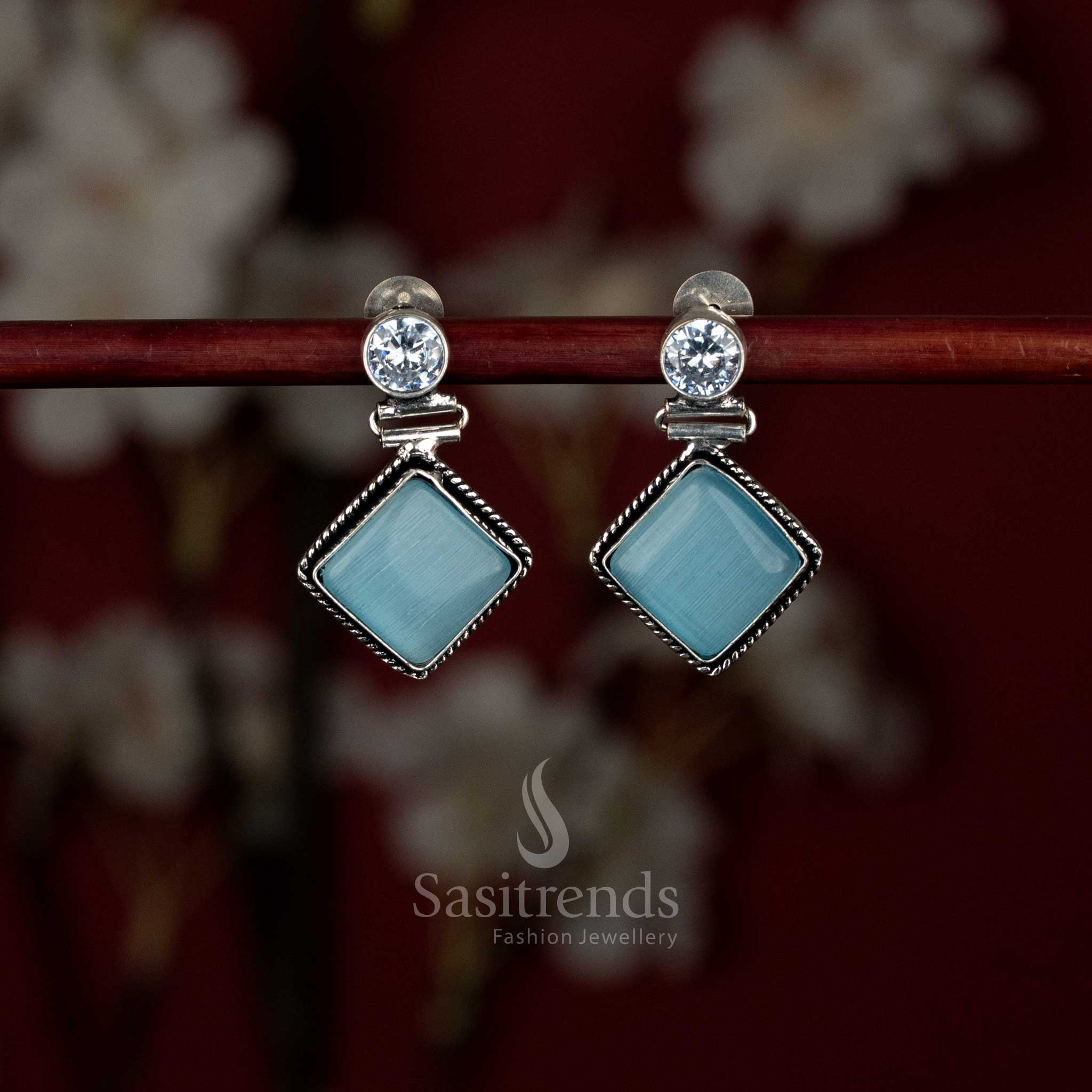 Oxidised Monalisa stone eye rhombus drop earrings for office and casual wear – Sasitrends