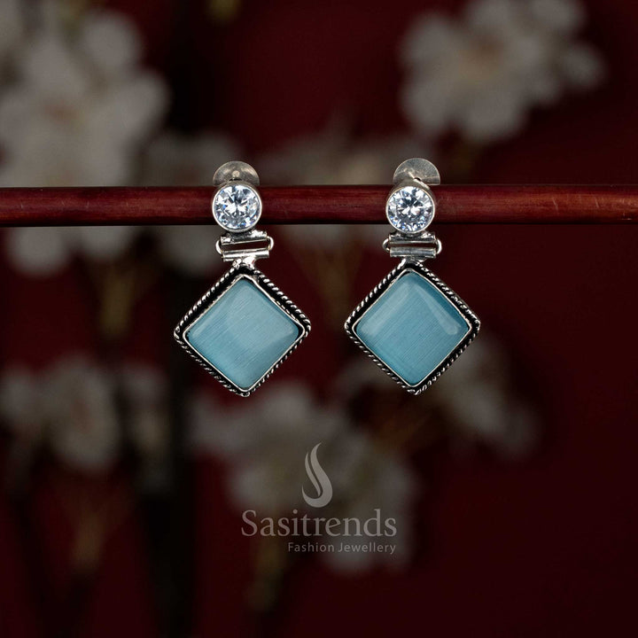 Charming Oxidised Monalisa Stone Eye Rhombus Drops Earrings for Office Wear, Casual Outings & Semi-Ethnic Styling