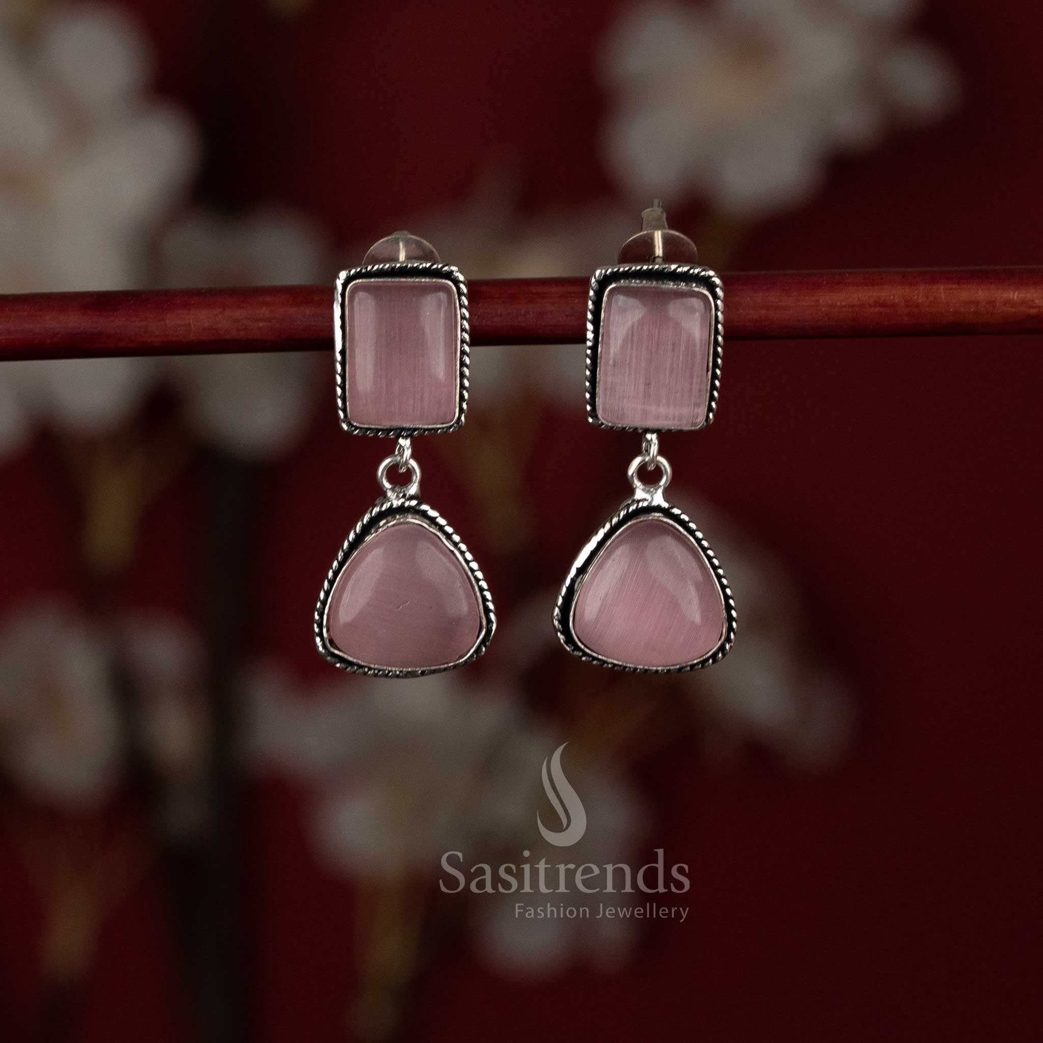 Oxidised Monalisa stone two-tier square & triangular earrings with pearls for relaxed ethnic styling - Sasitrends