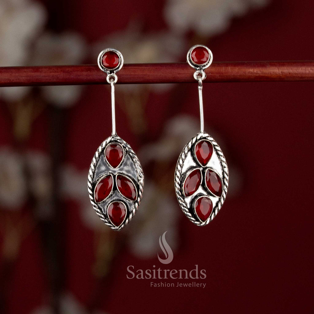Oxidised silver oval foliage dangle earrings for office, brunch, and evening walks – Sasitrends