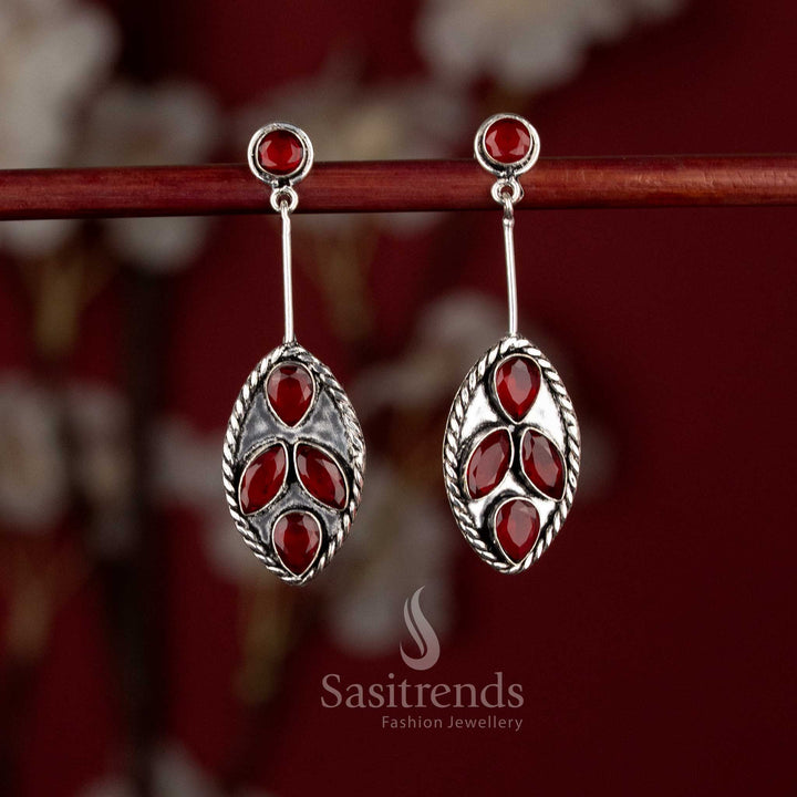 Oxidised silver oval foliage dangle earrings for office, brunch, and evening walks – Sasitrends