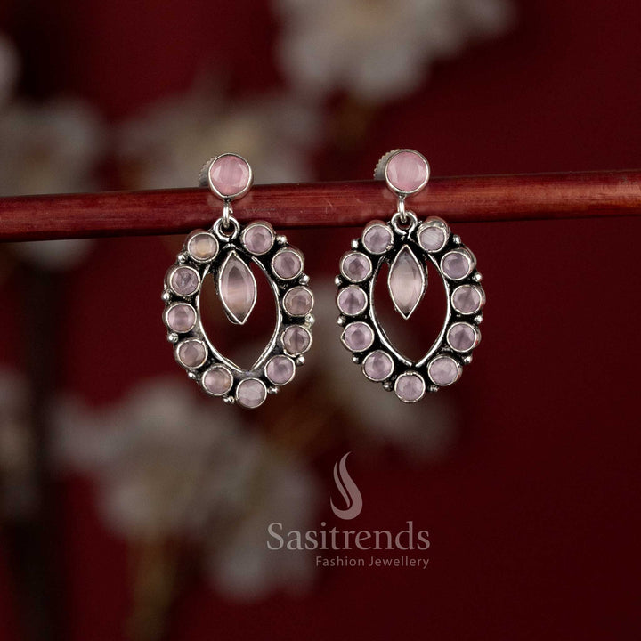Oxidised Oval Halo Pendulum Style Stone Earrings for Coffee Dates, Casual Dinners & Evening Walks