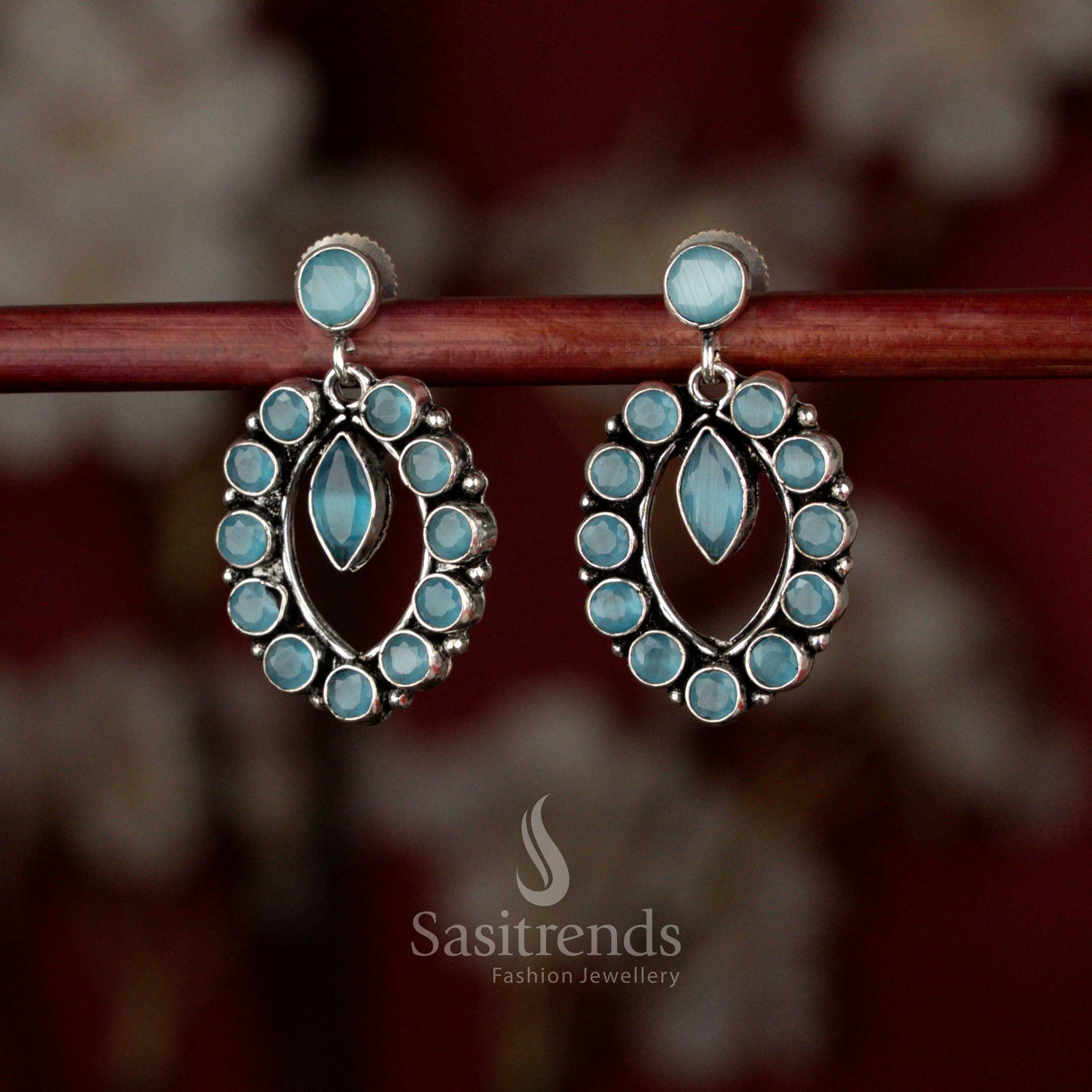 Sky blue Oxidised silver oval halo pendulum earrings for coffee dates, casual dinners, and evening walks – Sasitrends