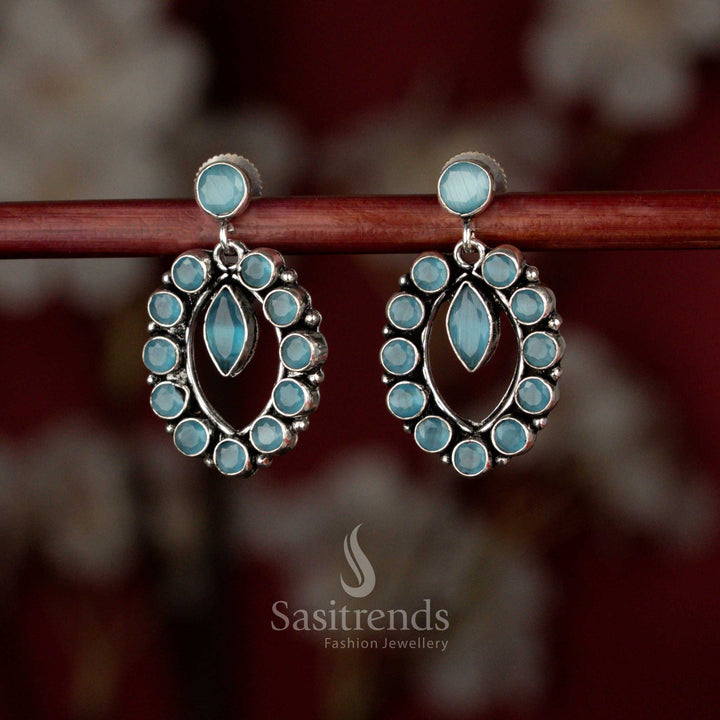 Sky blue Oxidised silver oval halo pendulum earrings for coffee dates, casual dinners, and evening walks – Sasitrends