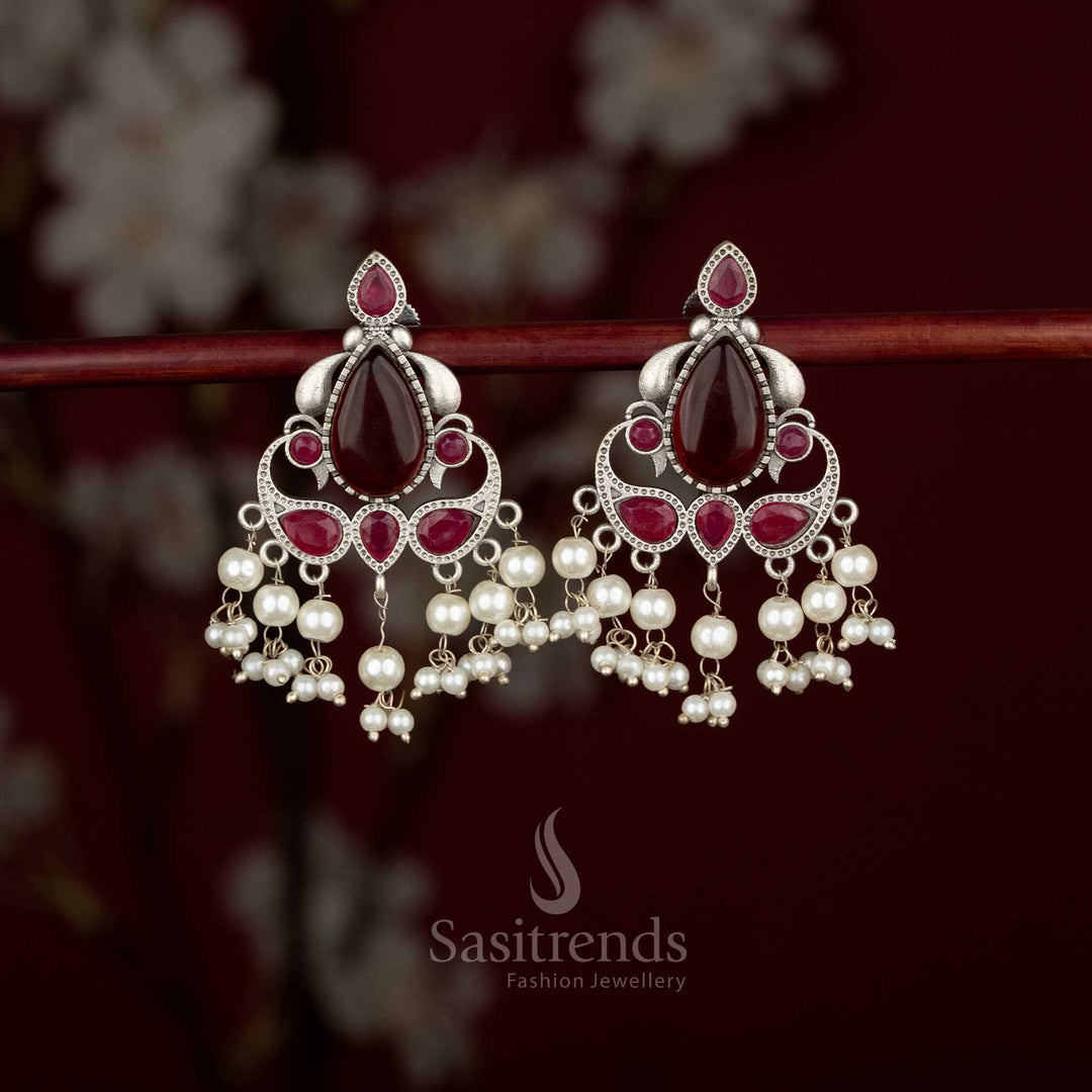 Peacock Eleganza oxidised silver teardrop stone earrings with pearls – Sasitrends