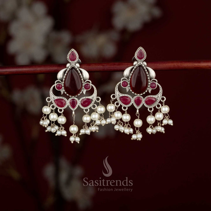 Peacock Eleganza oxidised silver teardrop stone earrings with pearls – Sasitrends