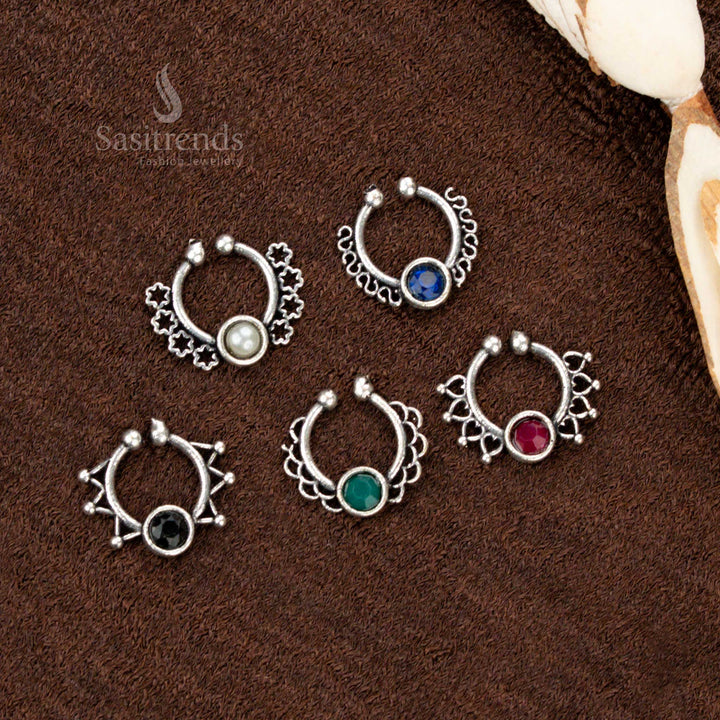 Attractive Oxidised Pressable Stone Nosepins Set with 5 Unique Traditional Designs - Sasitrends
