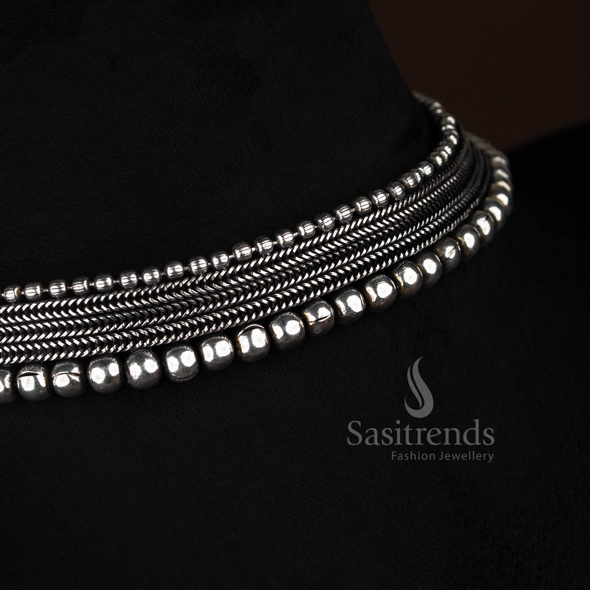 Ethnic oxidised beaded choker with geometric zigzag centrepiece for Navarathri – Sasitrends