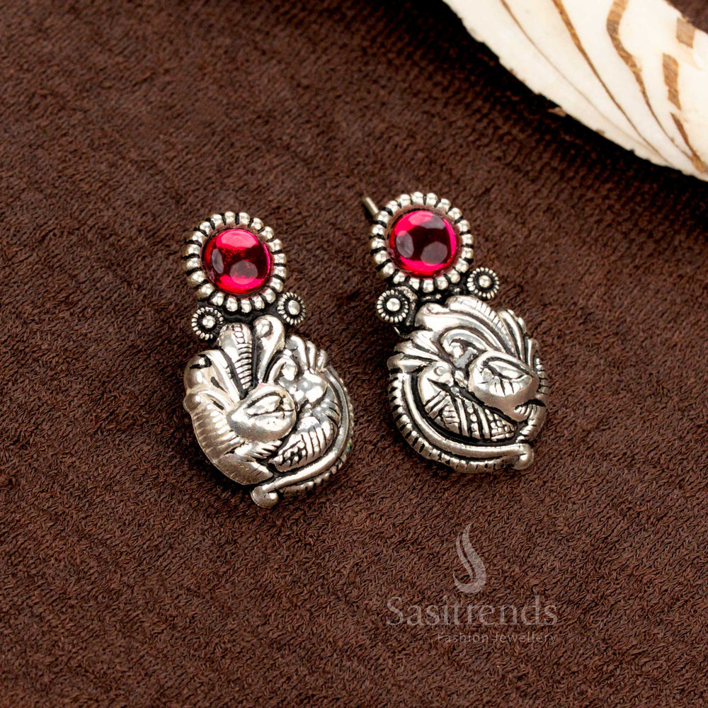 Traditional Navarathri wear oxidised Earrings with red and green stones - Sasitrends