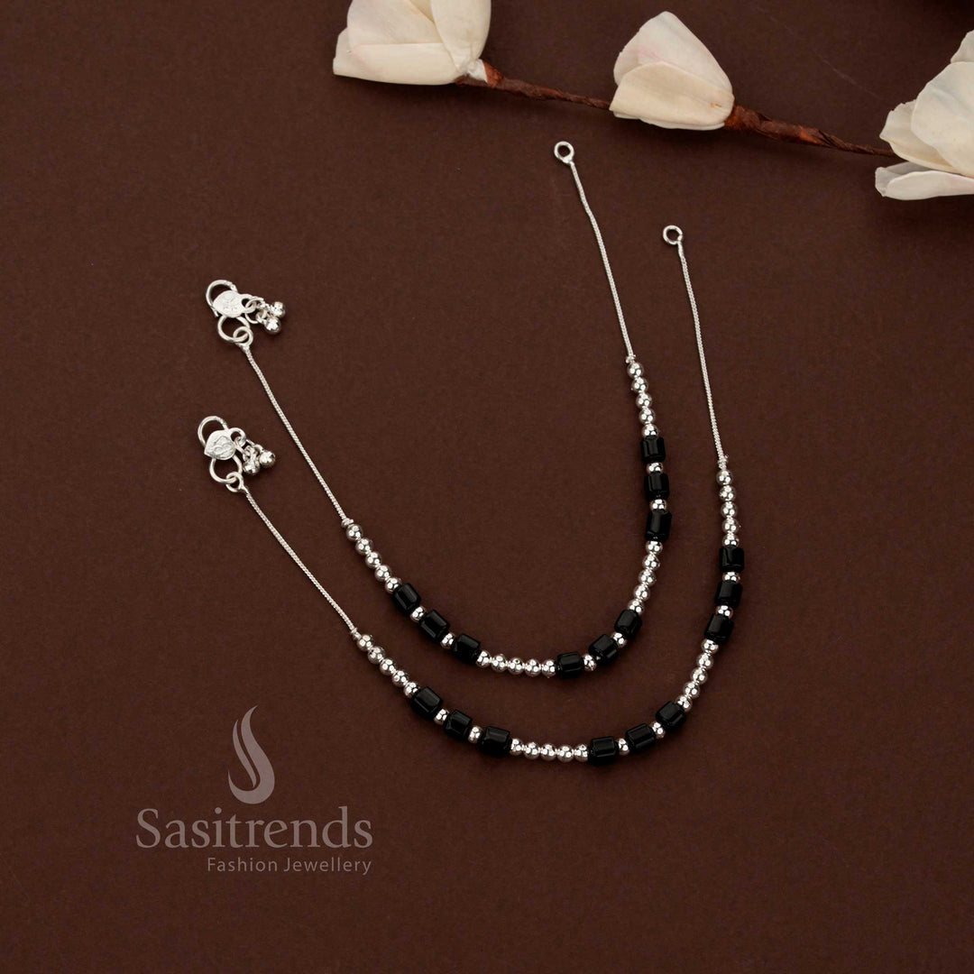Radiant oxidised silver ball anklets with black bead touch perfect for festive casual looks – Sasitrends