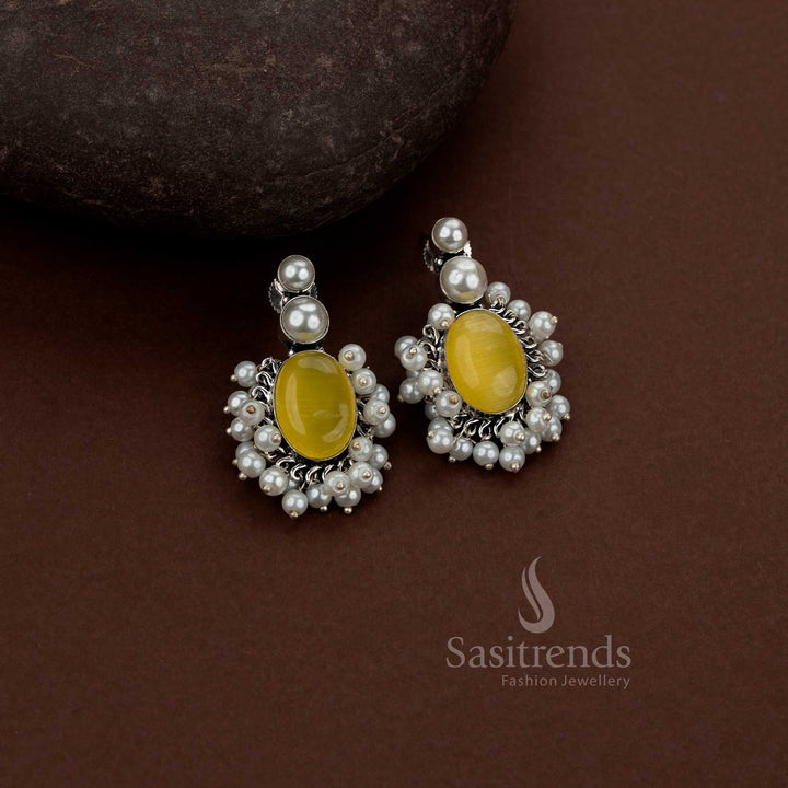 Minimal oxidised silver double pearl cluster studs for library visits and casual gatherings – Sasitrends