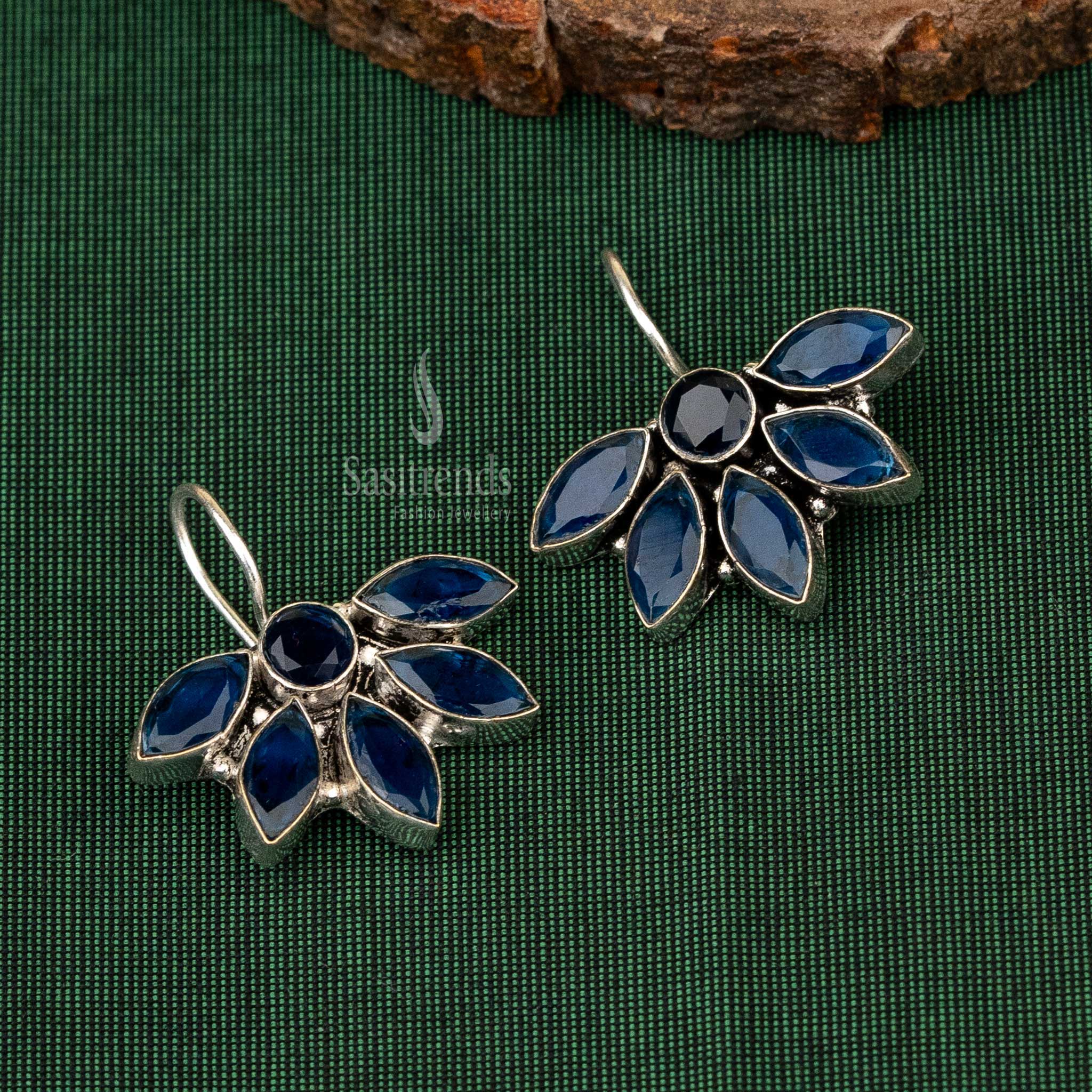 Oxidised Sliver Earrings Deep Blue Marquise Navarathiri Special Earrings