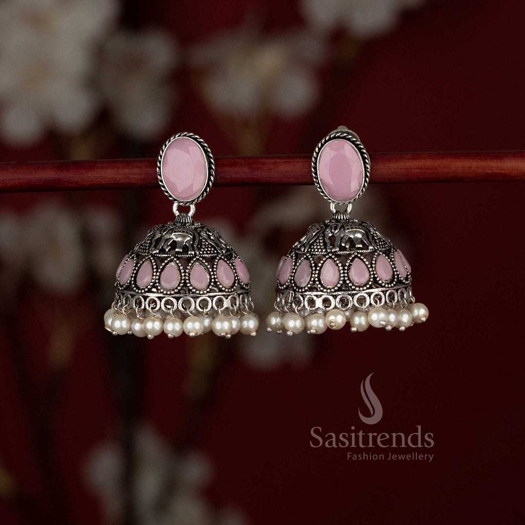 Oxidised German silver Monalisa oval stud elephant motif teardrop stone pearl jhumka earrings – Sasitrends