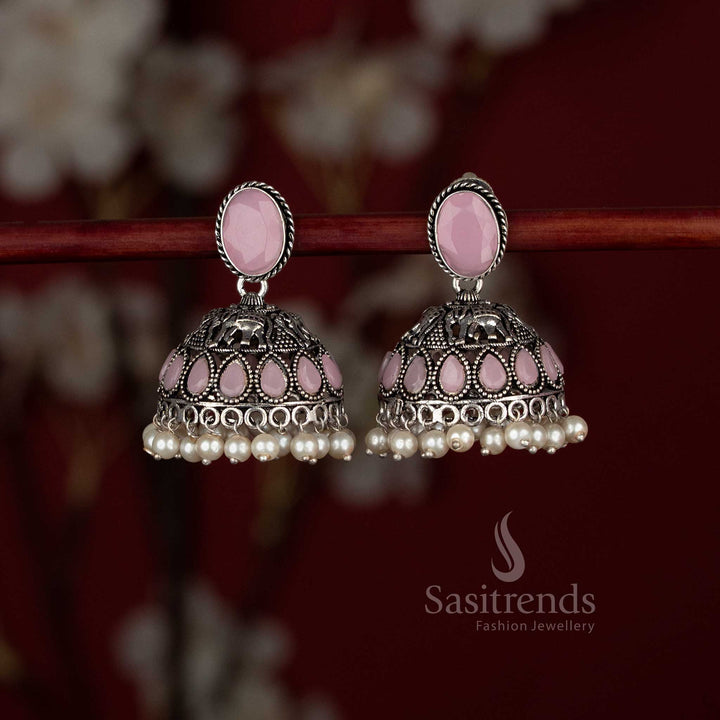 Oxidised German Silver Monalisa Oval Stud Elephant Motif Teardrop Stone Jhumka Earrings with Pearl Drops