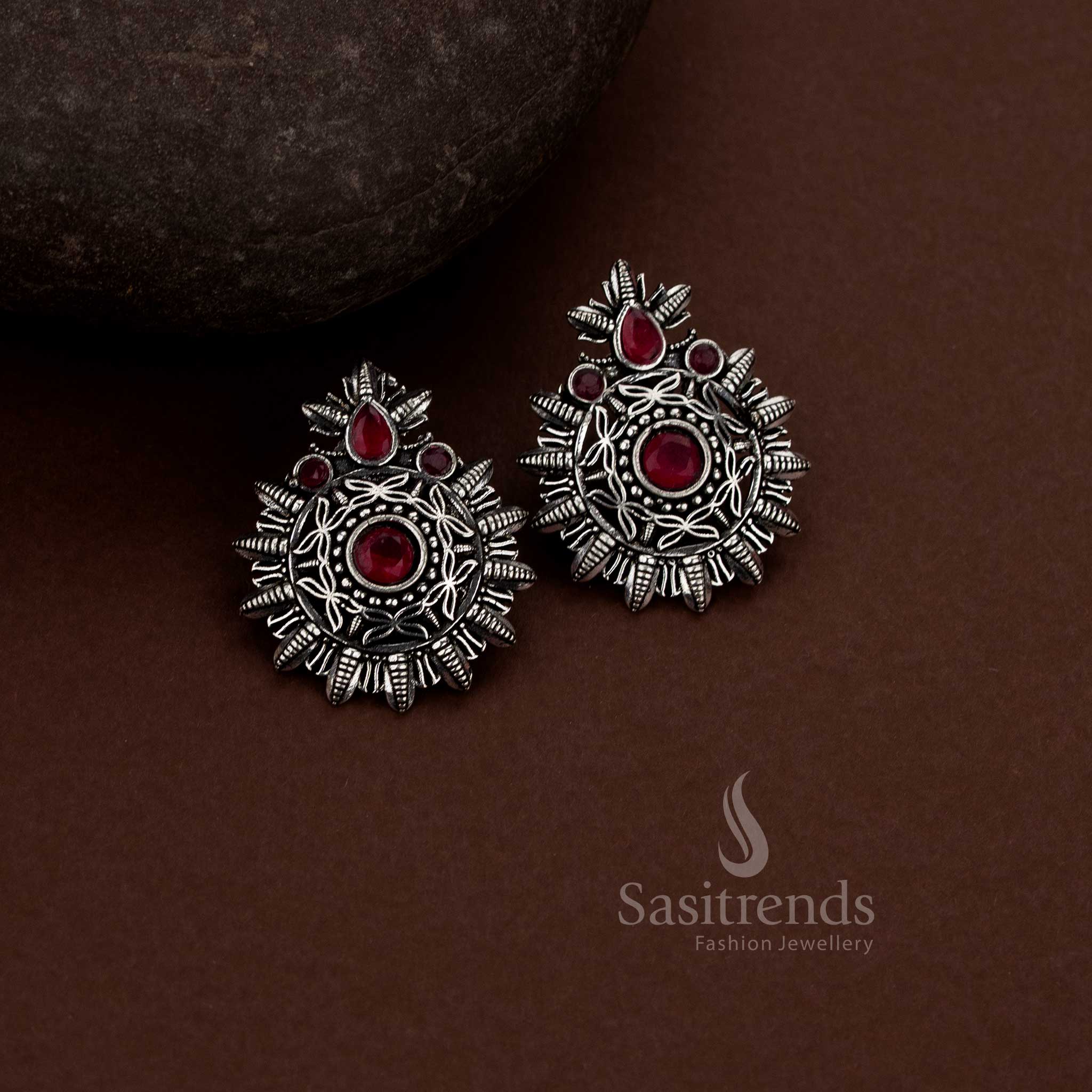 Elegant oxidised silver mandala earrings with central stone for evening café meetups – Sasitrends