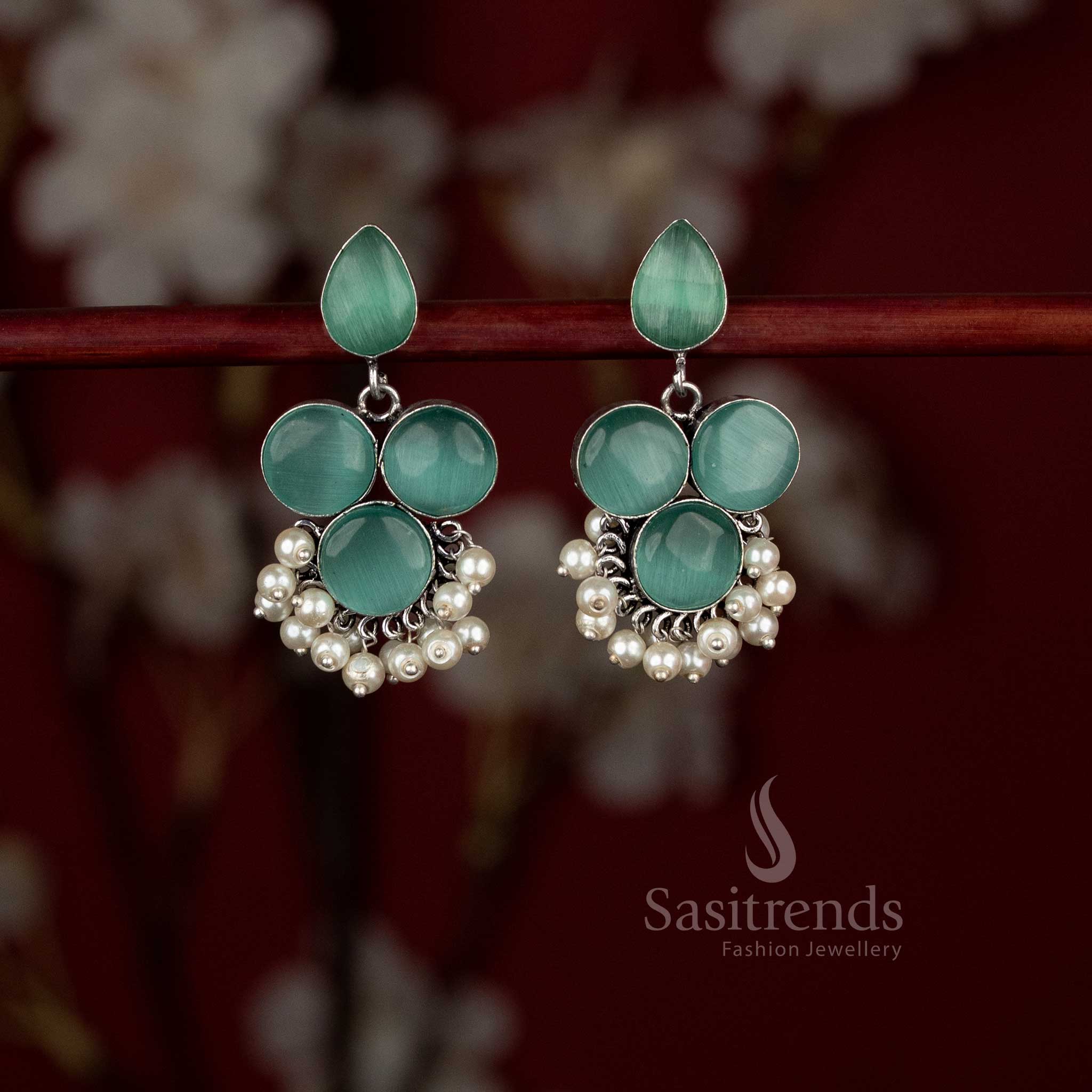 Teardrop and round Monalisa stone oxidised silver earrings for sarees and kurtis – Sasitrends