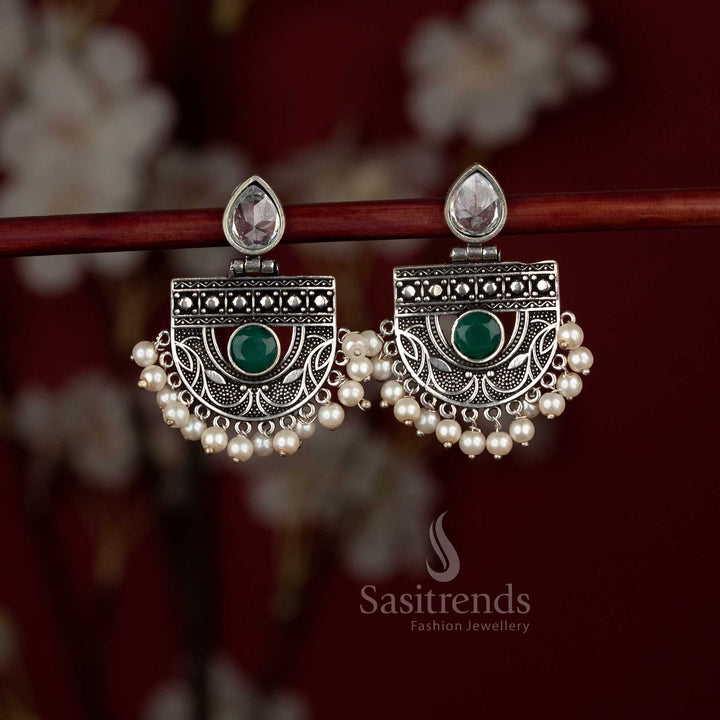 Crescent-style oxidised Chandbalis with pear stone and elegant pearl hangings - Sasitrends
