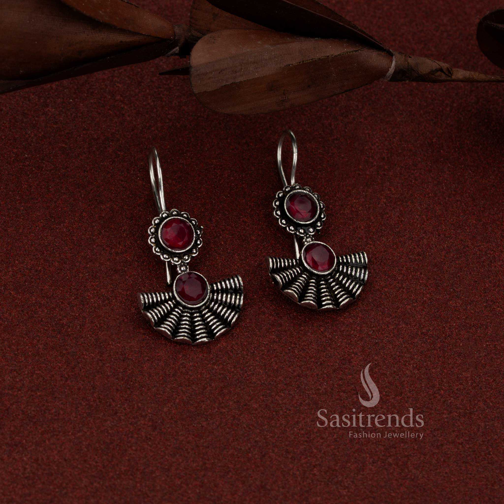 Sasitrends oxidised silver fish hook earrings featuring round shell red stone suitable for daily and evening wear