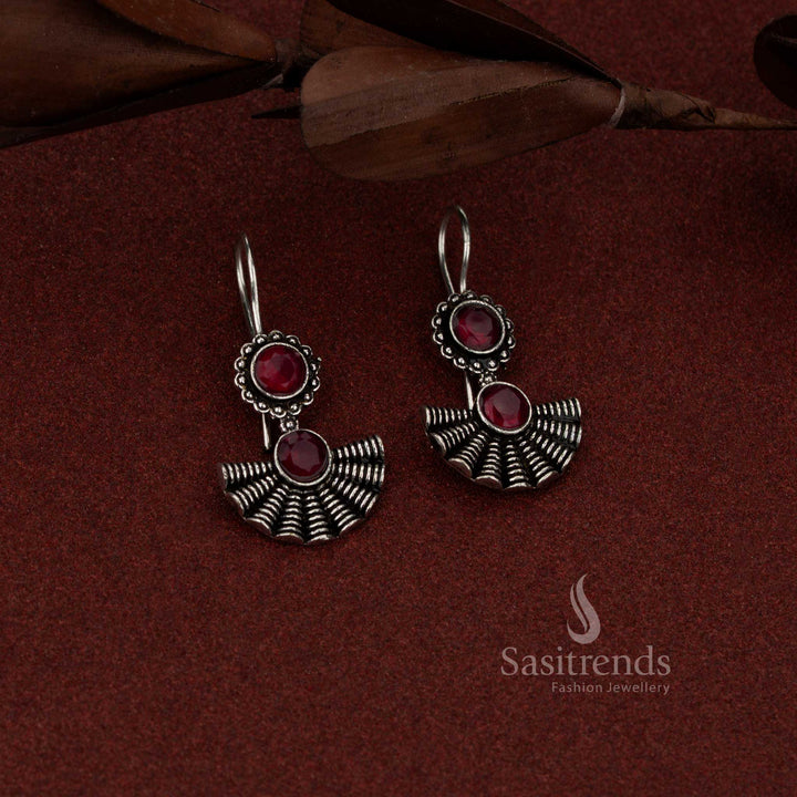 Sasitrends oxidised silver fish hook earrings featuring round shell red stone suitable for daily and evening wear