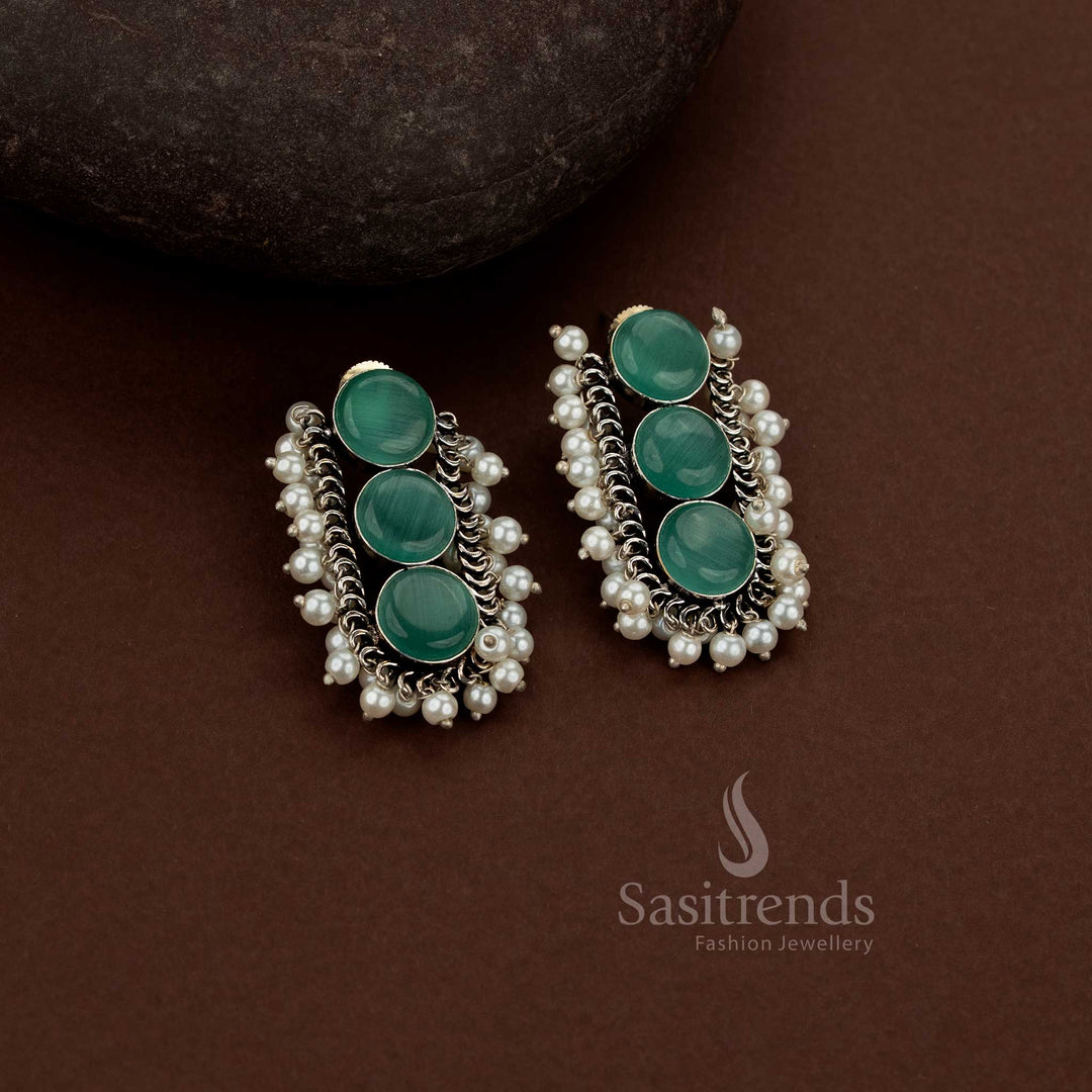 Sleek oxidised silver linear stud earrings featuring triple stones and pearl-inspired shine – Sasitrends
