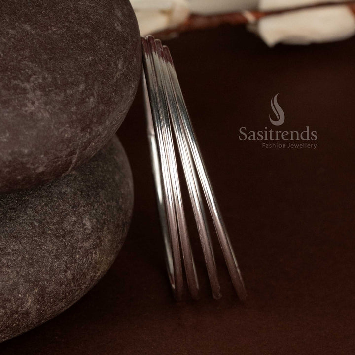 Oxidised German Silver Thin Lined Plain Bangles – Set of 4 for Everyday Outings, Office Wear
