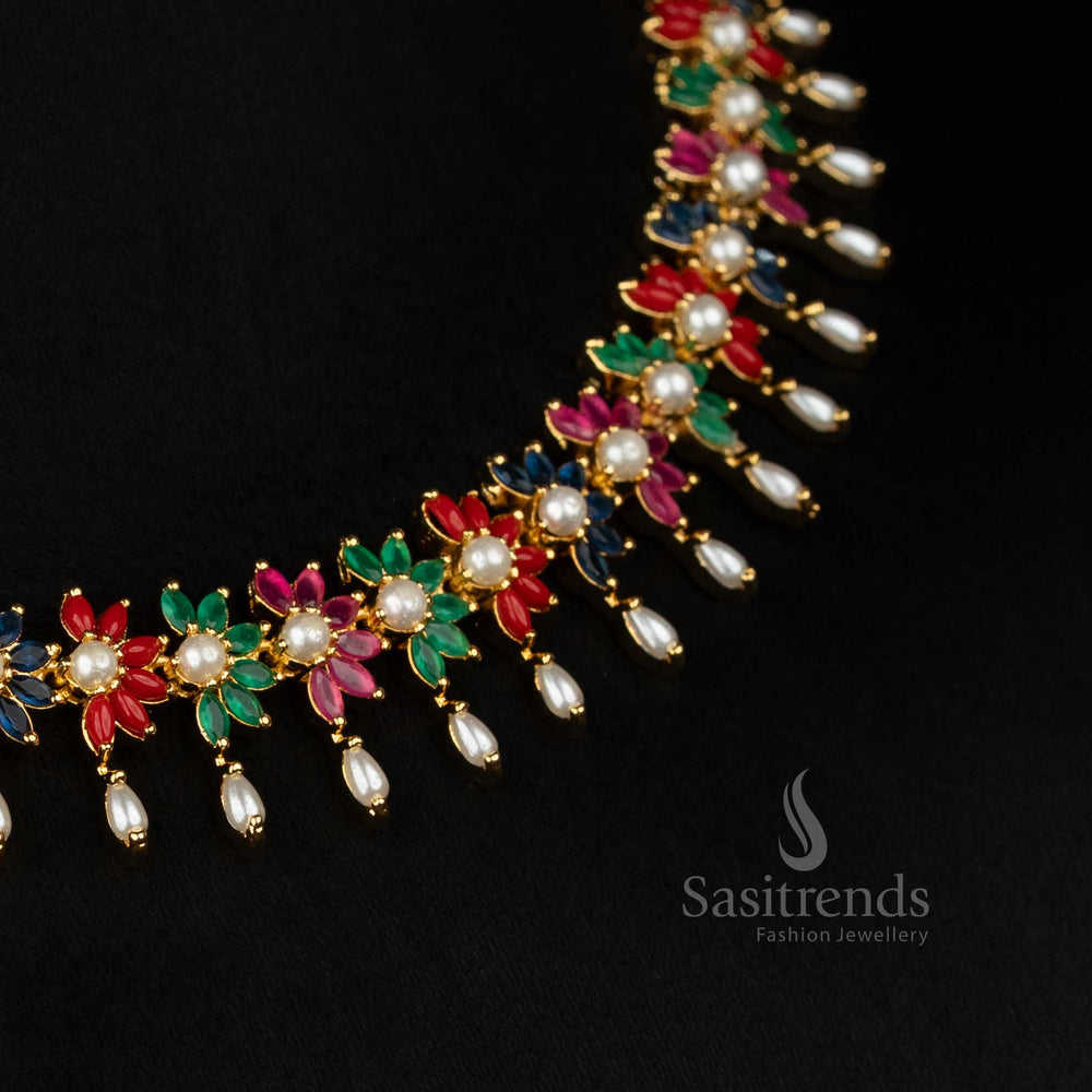 Micro gold plated american diamond guaranteed floral cluster necklace set for social events - Sasitrends