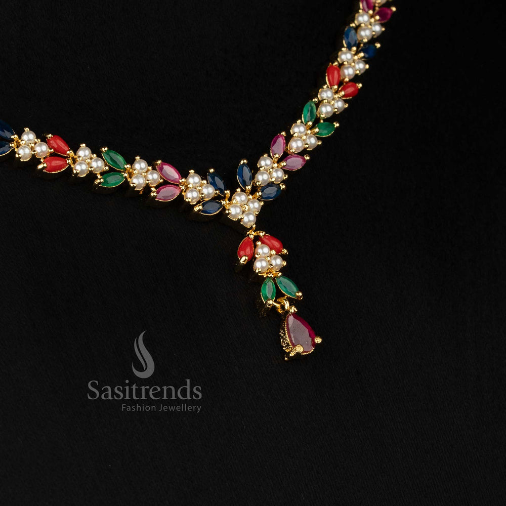 Party-style micro good american diamond necklace set featuring triangle pearl cuts with leaf detailing - Sasitrends