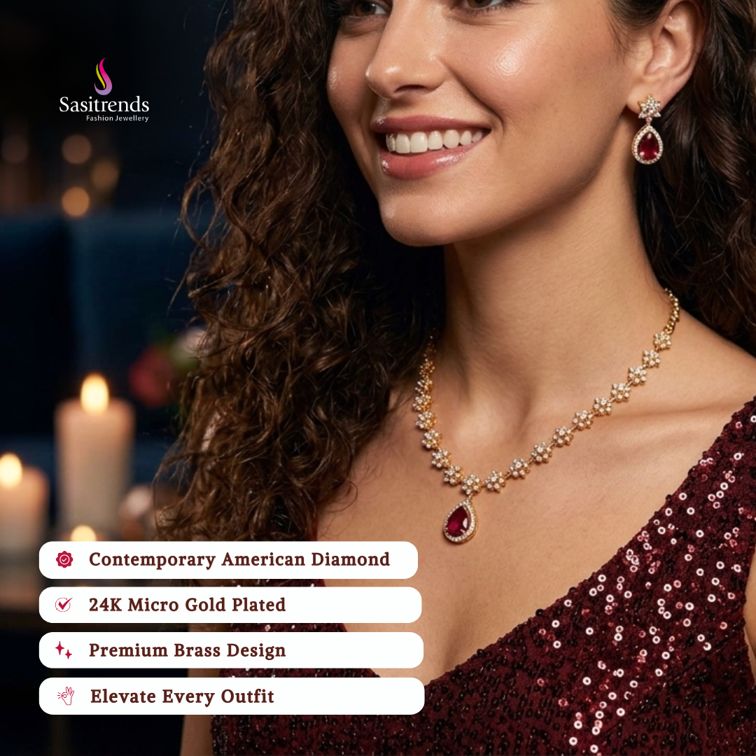 Engagement wear micro gold plated american diamond necklace set review image - Sasitrends