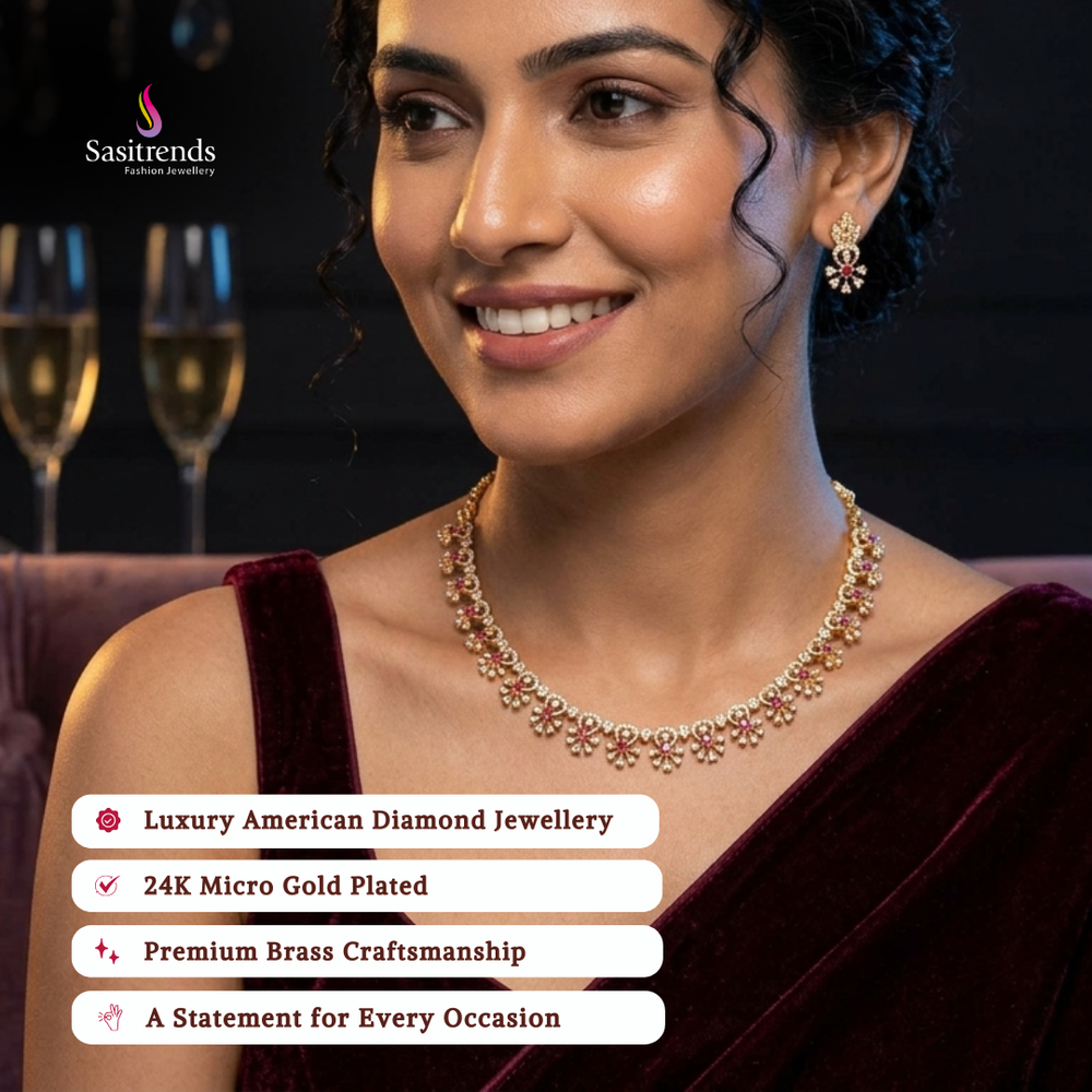 Engagement wear micro gold plated american diamond necklace set review image - Sasitrends