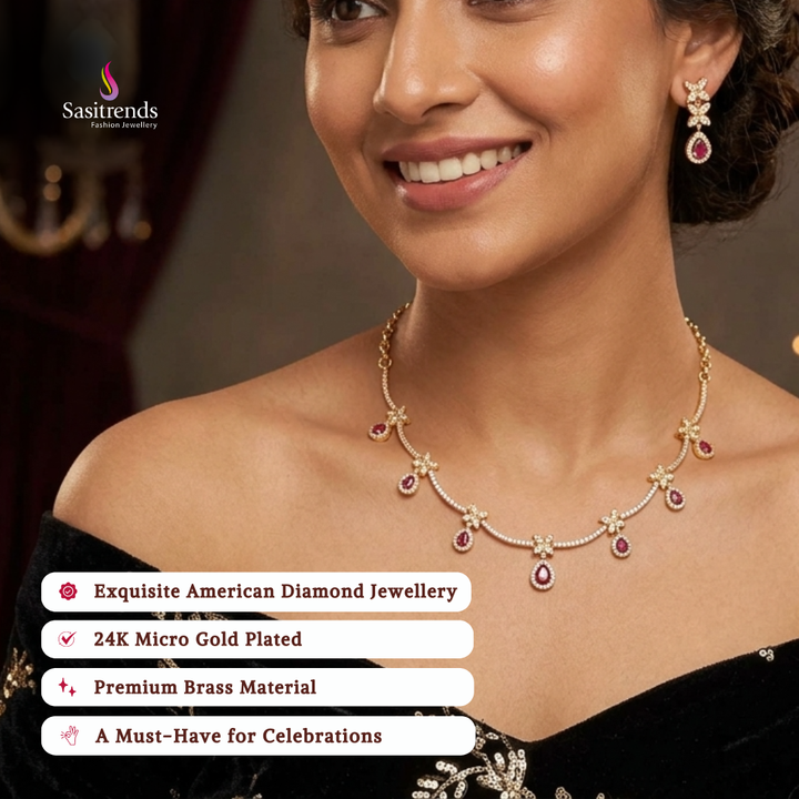 Engagement wear micro gold plated american diamond necklace set review image - Sasitrends