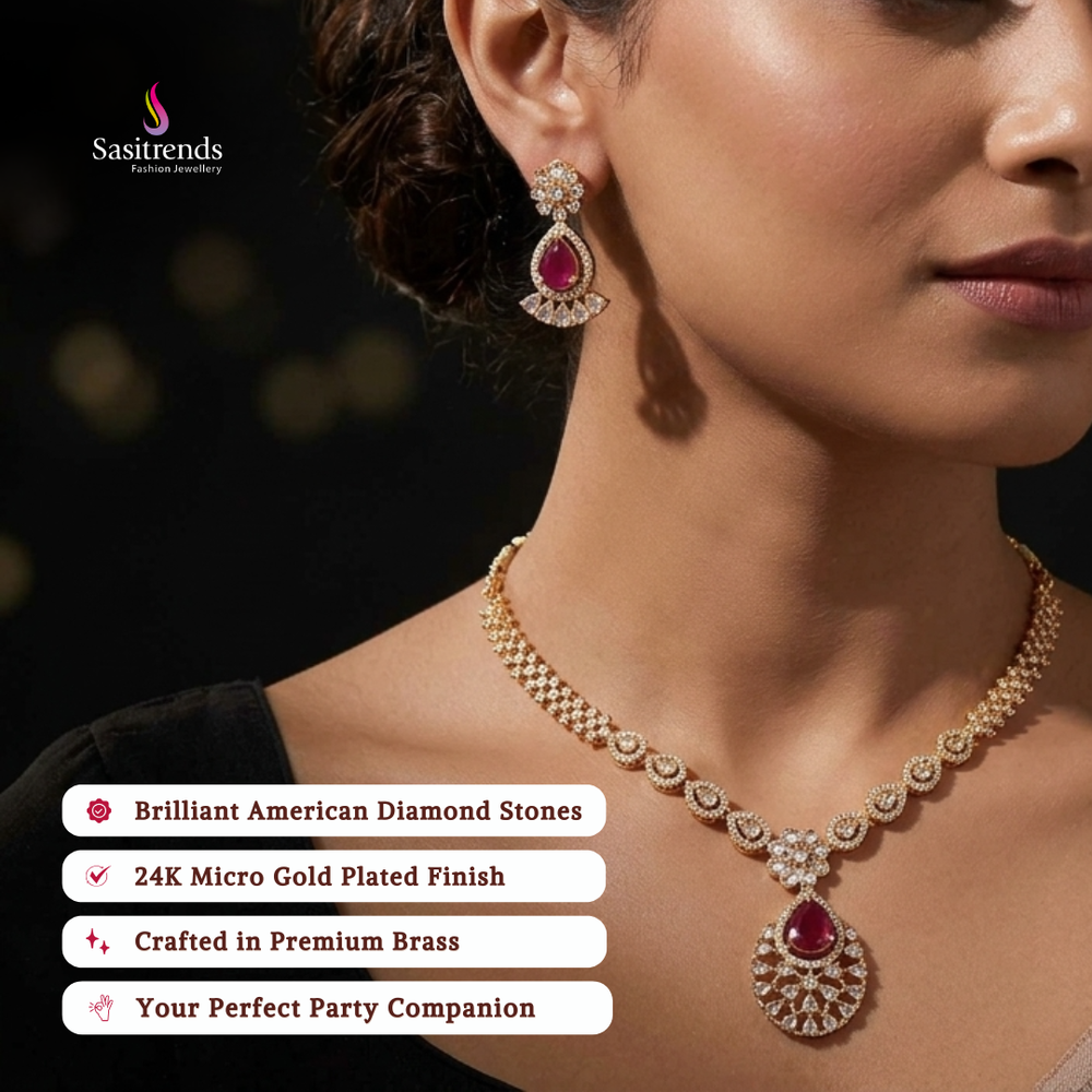 Engagement wear micro gold plated american diamond necklace set review image - Sasitrends