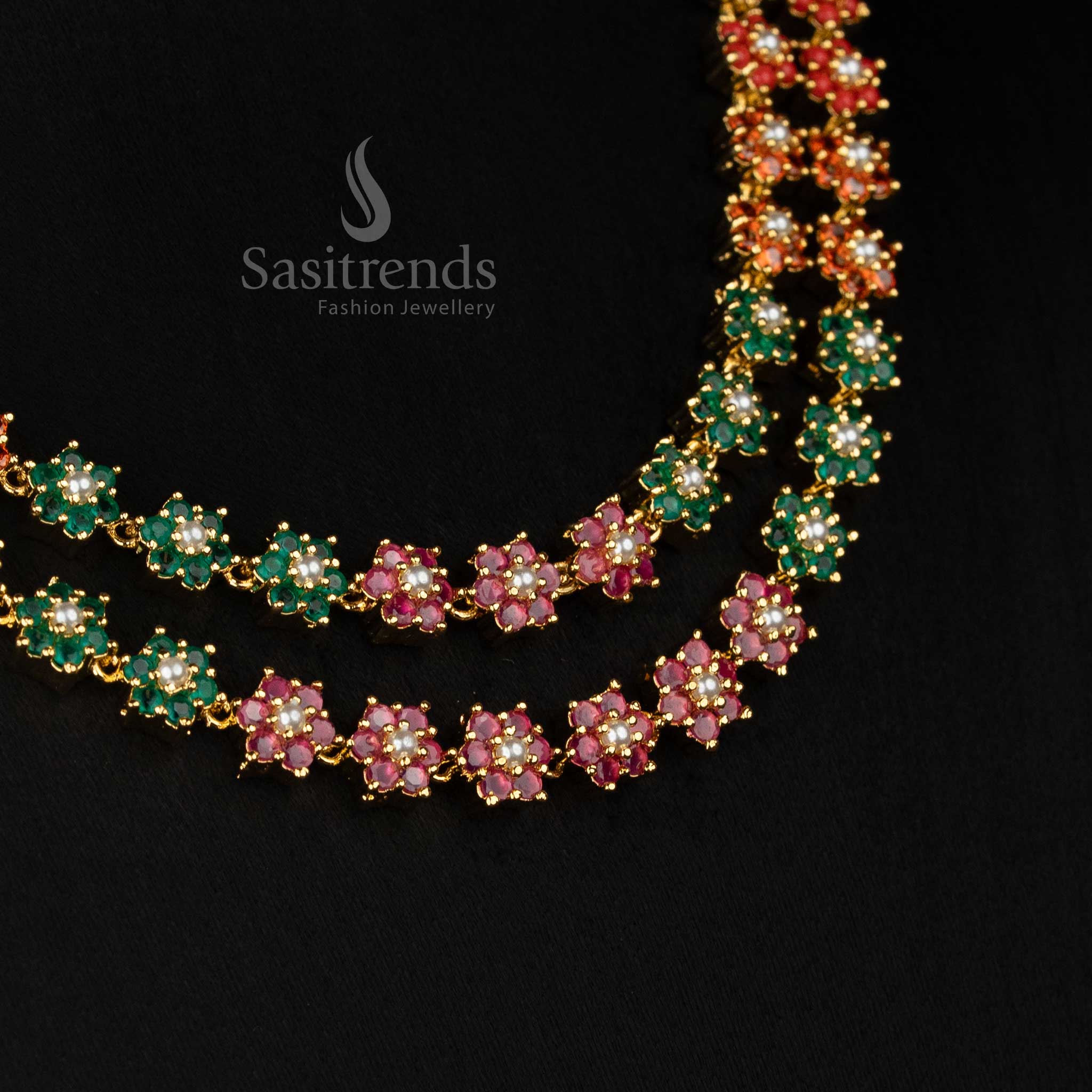 Sasitrends micro gold plated American Diamond pearl floral link necklace with double layer structure