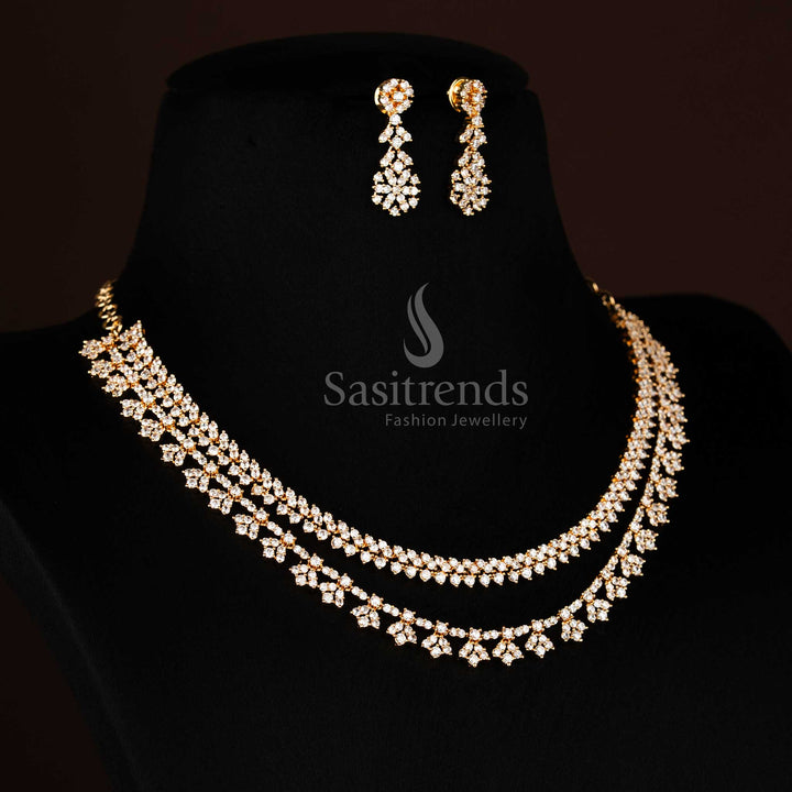Party Wear American Diamond Micro Gold Plated Double Layer Floral Necklace Jewellery Set