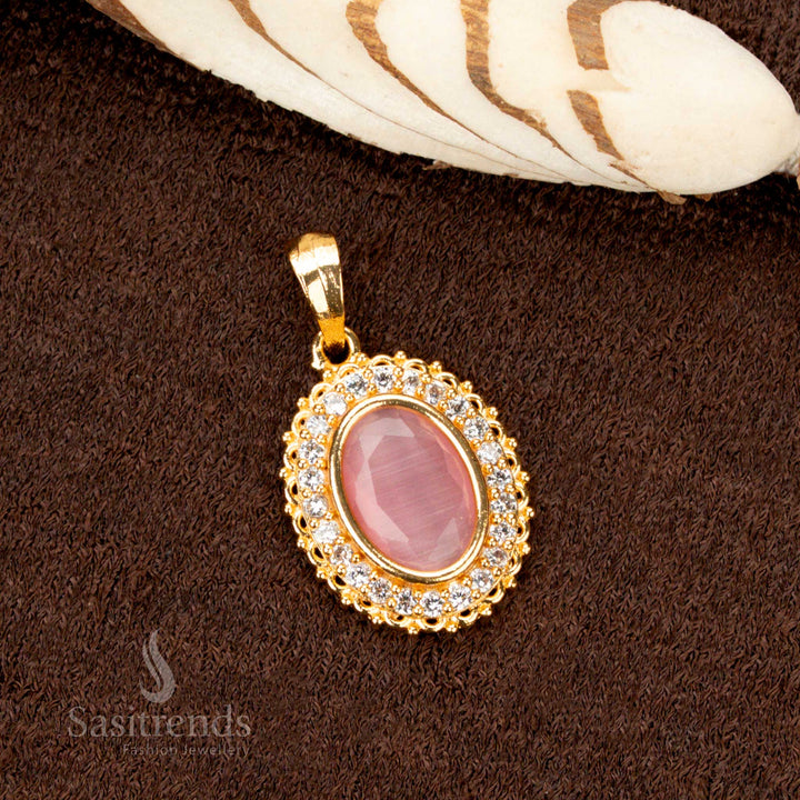 Pink Oval Stone Pendant Dollar in AD Setting with One Gram Micro Gold Layer – Traditional South Indian Jewellery with Delicate Charm - Sasitrends