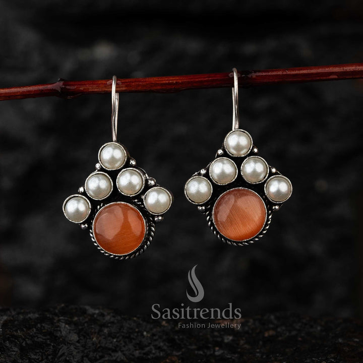 Chic Oxidised Silver Fish Hook Earrings with Monalisa Stone & Pearls