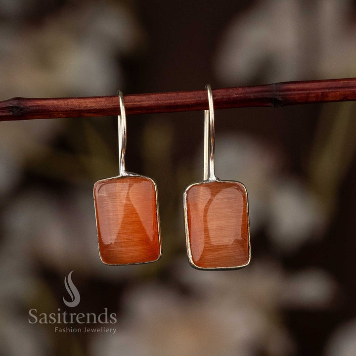Peach Rectangular Stone Oxidised Fish Hook Earrings Sasitreds Online Shopping