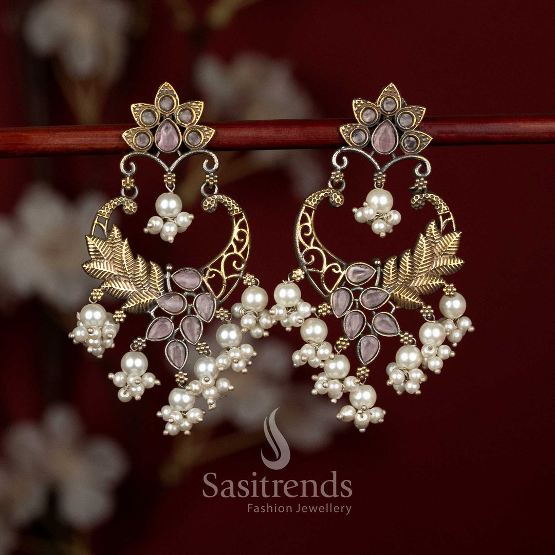 Dual tone 92.5 silver oxidised chandbali earrings with peacock arch and Monalisa stones