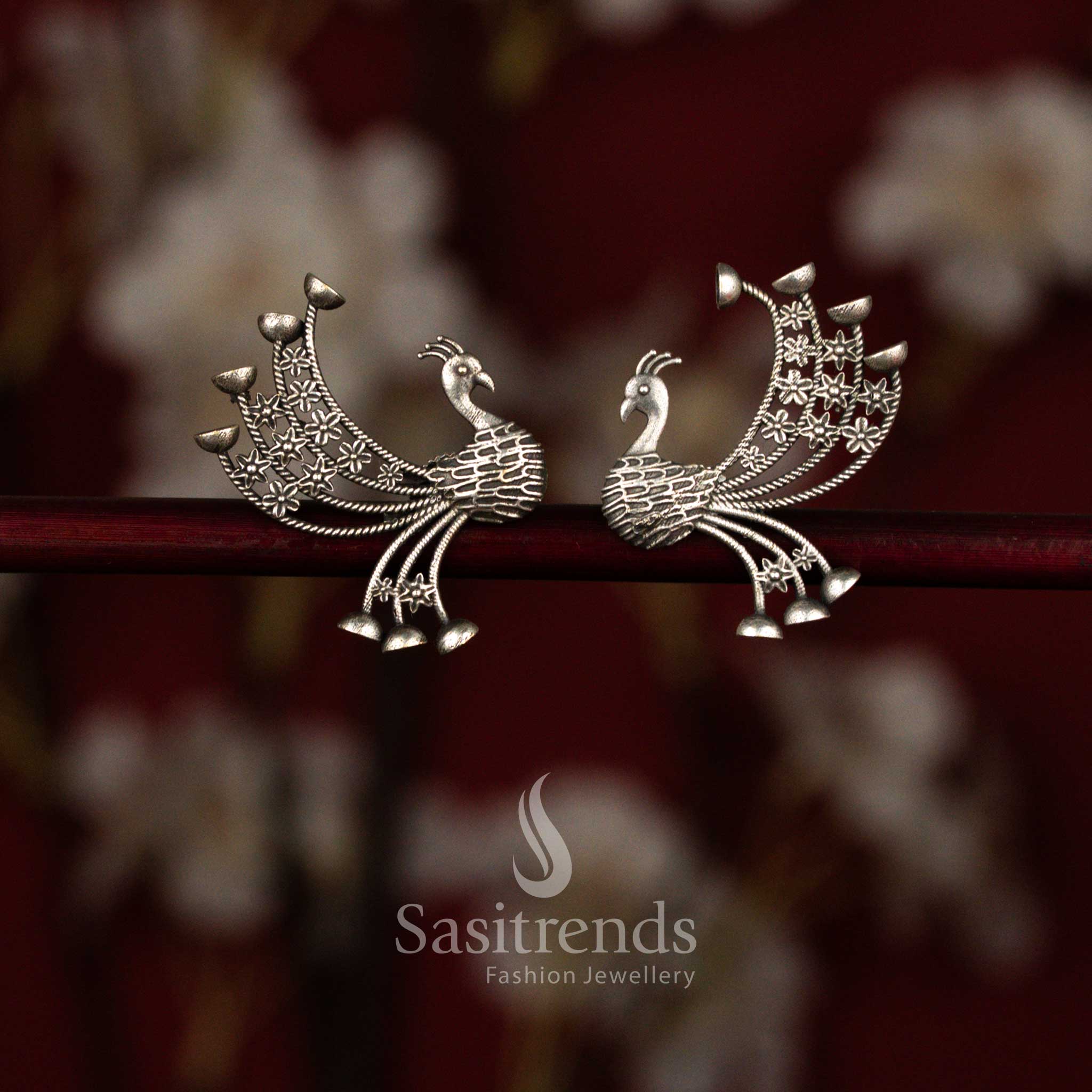 Oxidised silver peacock floral filigree ear cuff earrings - Sasitrends