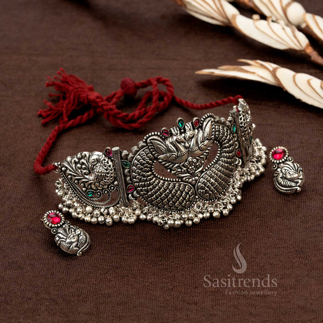 Oxidised metal necklace set with dual peacock detailing and matching earrings - Sasitrends