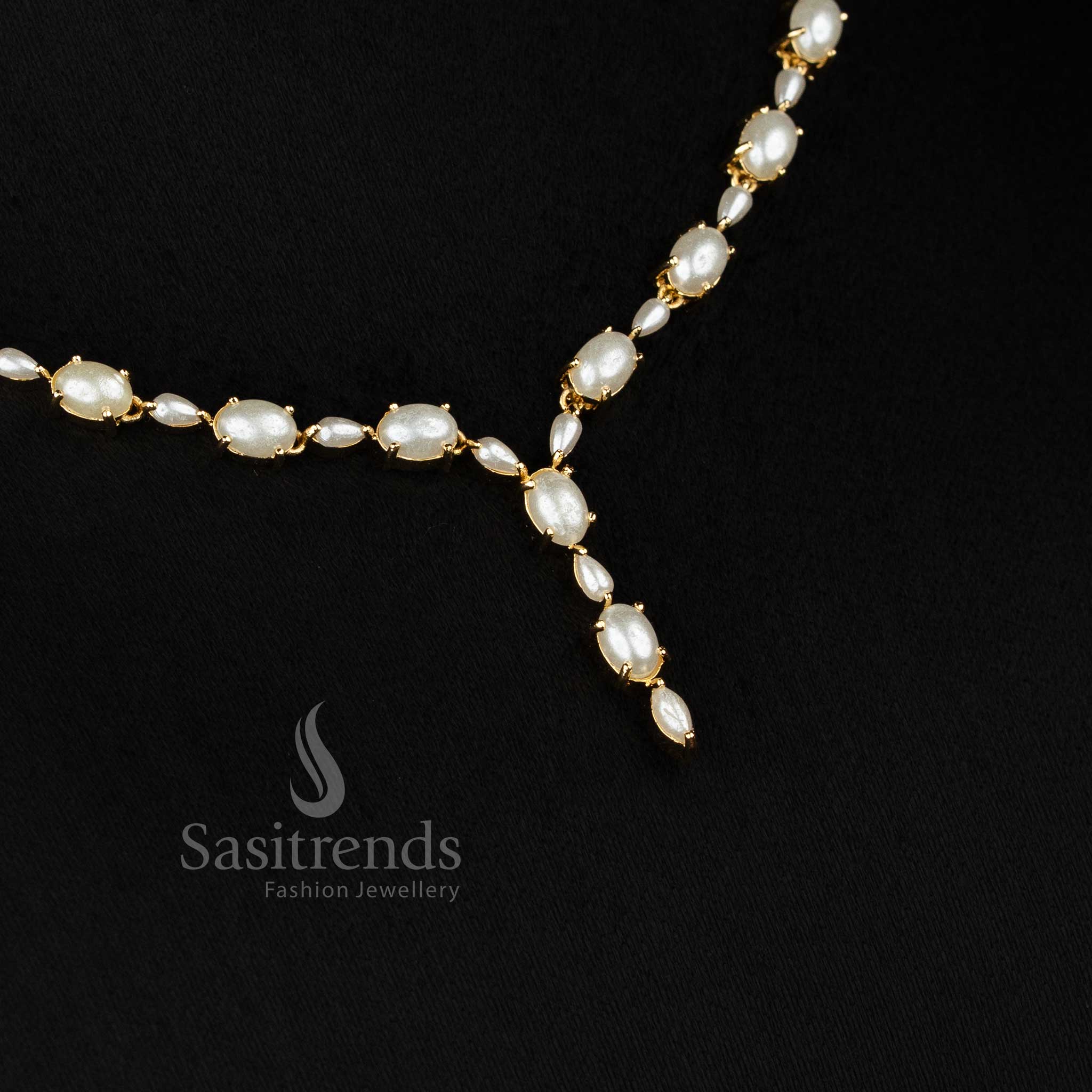 Guaranteed One gram micro gold plated oval american diamond pearl necklace set by Sasitrends