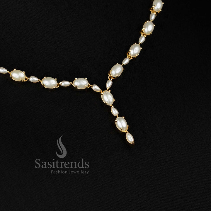 Guaranteed One gram micro gold plated oval american diamond pearl necklace set by Sasitrends