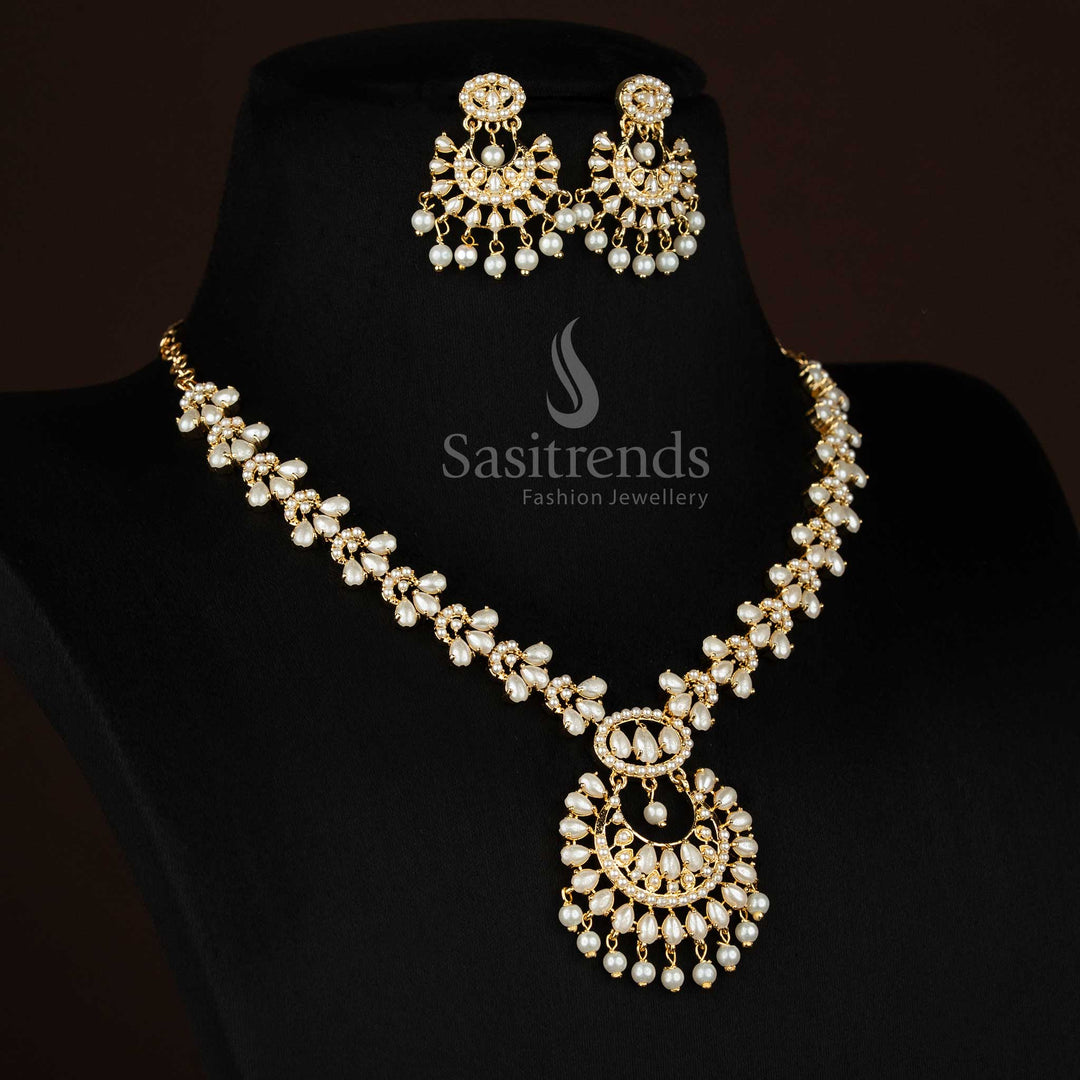 Guaranteed 24k micro gold plated american diamond pearl floral link necklace set chandabali pendant by Sasitrends