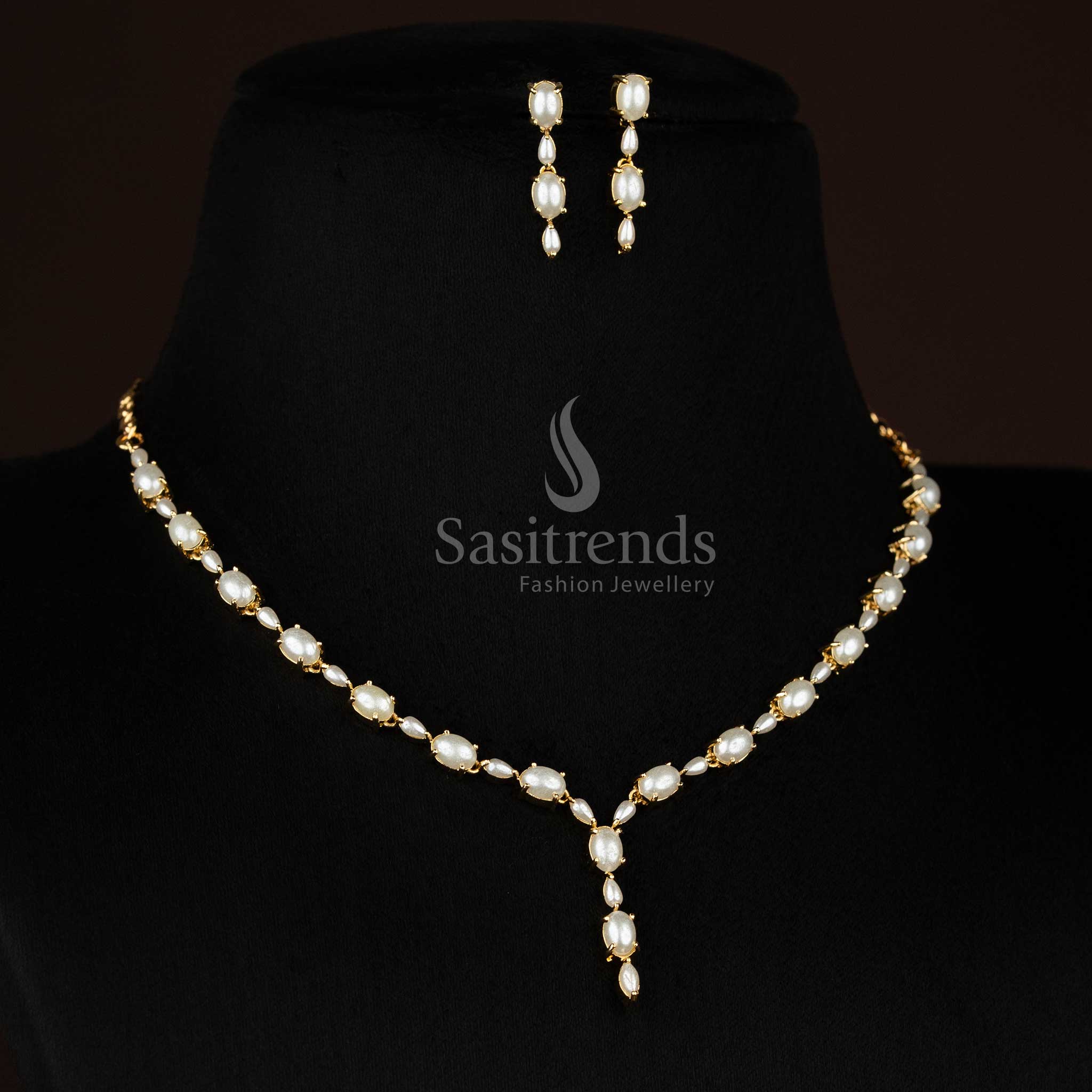 Real gold look 24k micro gold plated oval american diamond pearl necklace set by Sasitrends