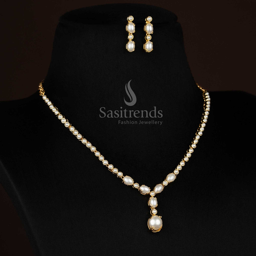 Stunning real gold look alike 24k micro gold plated american diamond pearl Round and Oval Teardrop motif necklace set by Sasitrends