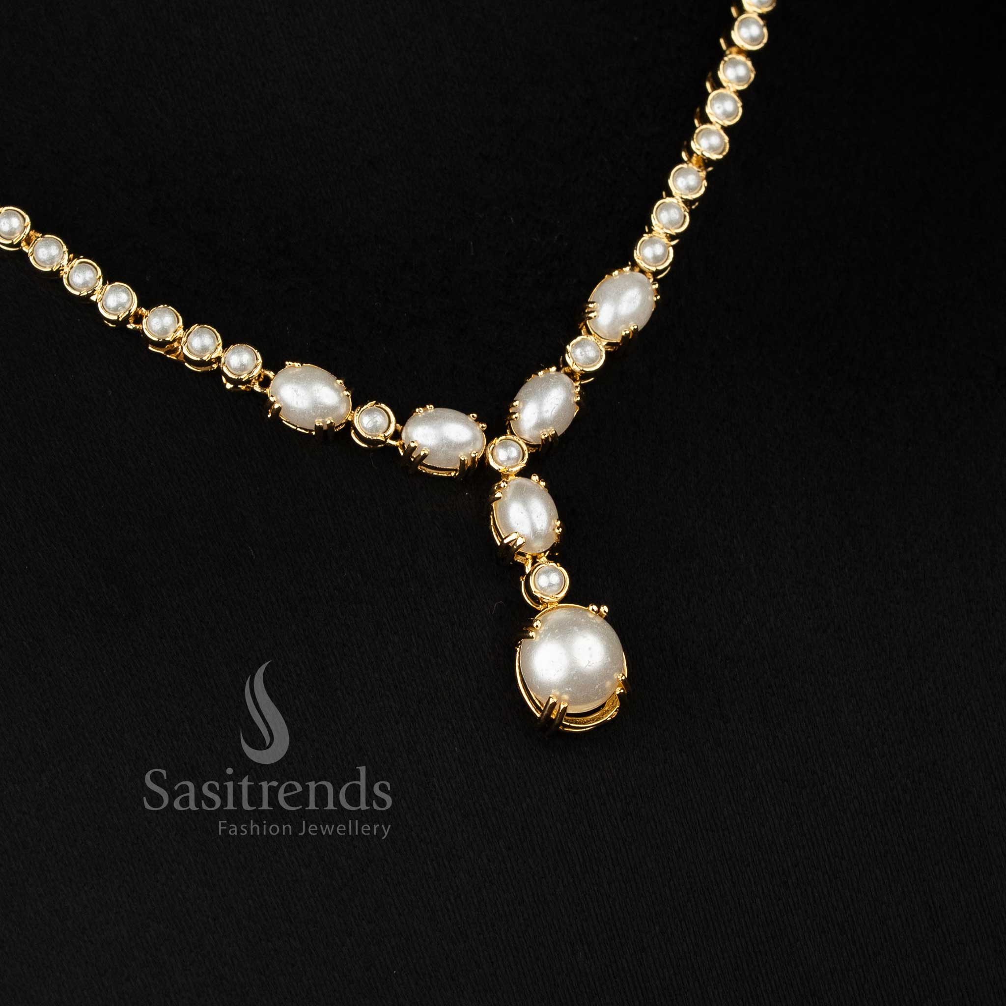 Guaranteed 24k micro gold plated american diamond pearl Round and Oval Teardrop motif necklace set by Sasitrends