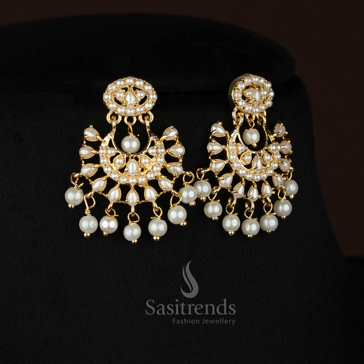 Guaranteed 24k micro gold plated american diamond pearl floral link necklace set chandabali pendant by Sasitrends