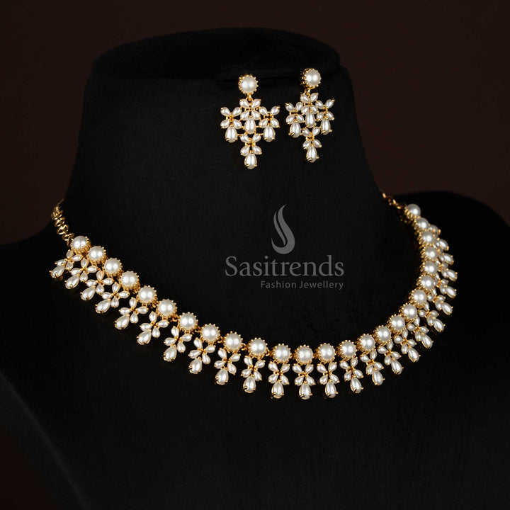 Iconic 24K Micro Gold Plated Pearl Floral Drop Necklace Jewellery Set | Look Like Real gold