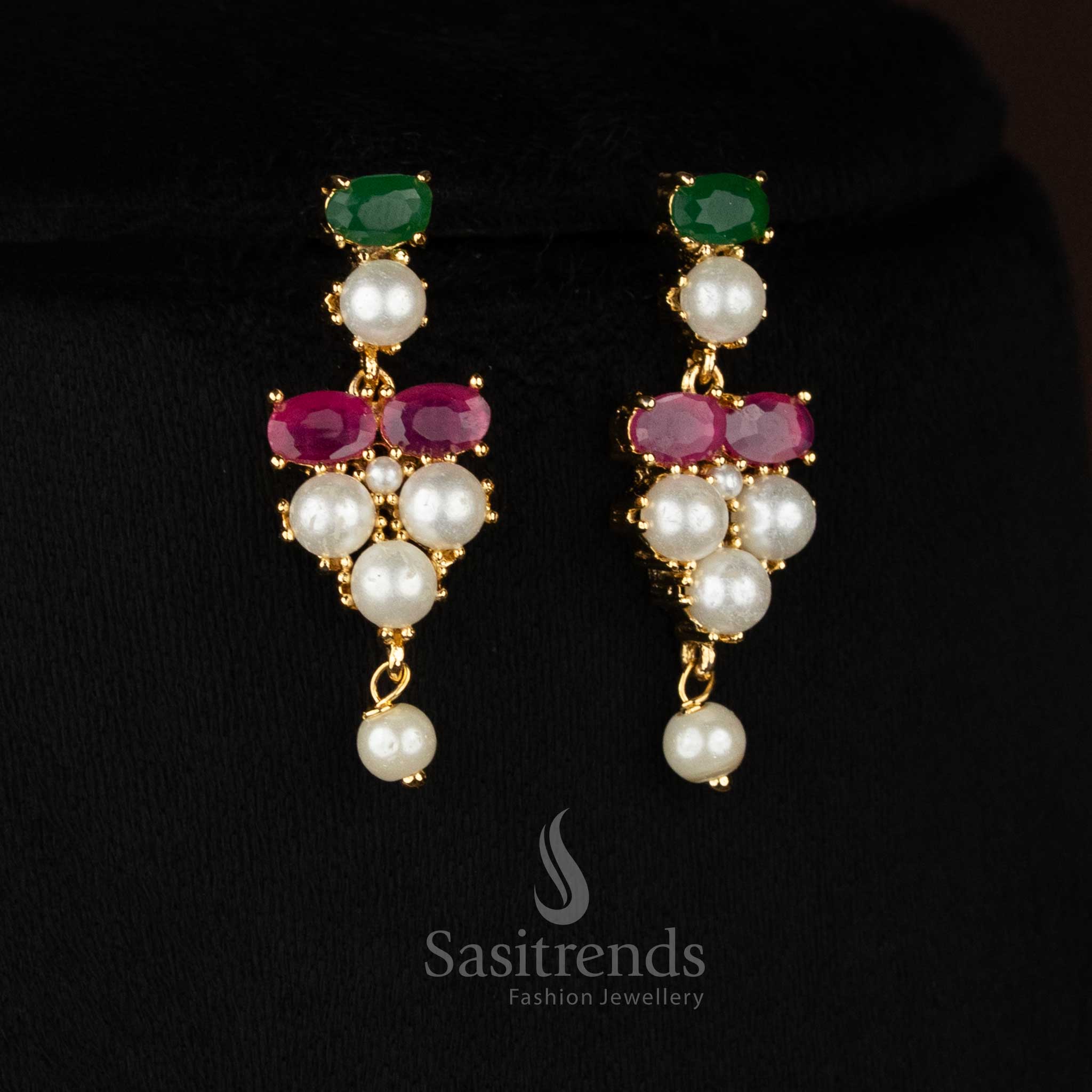 Guaranteed real gold look micro gold plated american diamond pearl fringe ruby green necklace set by Sasitrends